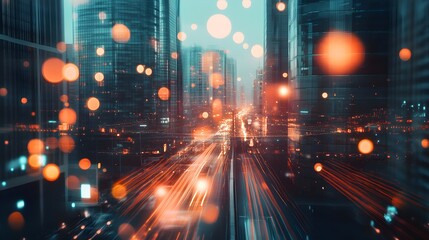 Fototapeta premium Modern cityscape network icons double exposure. 