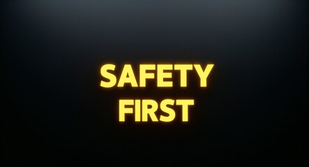 safety first word lettering with yellow glow on plain black dark background