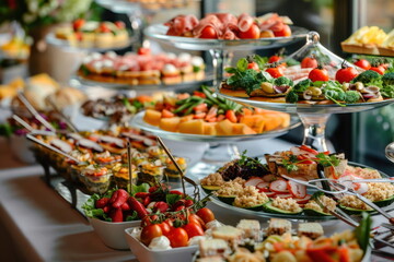 Buffet food catering food party at restaurant mini canapes snacks and appetizers