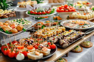 Buffet food catering food party at restaurant mini canapes snacks and appetizers