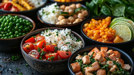 Healthy meal prep containers with chickpeas, chicken, tomatoes, cucumbers and avocados. Healthy lunch in glass containers on beige rustic background. Zero waste concept. Selective focus.
