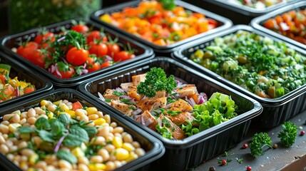 Fototapeta premium Healthy meal prep containers with chickpeas, chicken, tomatoes, cucumbers and avocados. Healthy lunch in glass containers on beige rustic background. Zero waste concept. Selective focus.