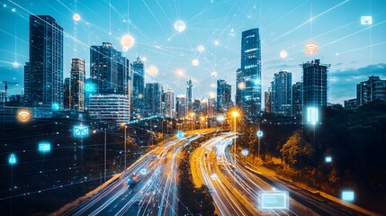 Fototapeta premium Modern cityscape network icons double exposure. 