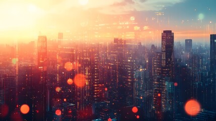 Fototapeta premium Modern cityscape network icons double exposure. 