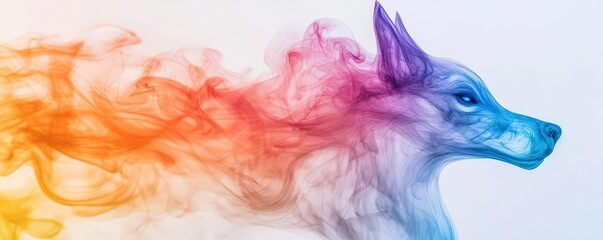 A fantastical animal made of swirling, rainbow-colored smoke, symbolizing imaginative creatures from a dream world