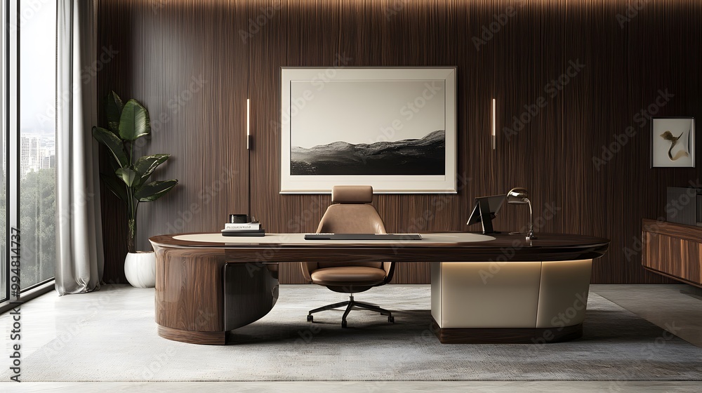 Poster a luxurious workspace with clean lines, plush seating, and a sleek desk, designed for a comfortable 