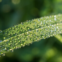 green grass with dew drops on a sunny morning