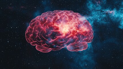 Obraz premium A glowing, multicolored nebula in the shape of a human brain, symbolizing the vastness of human imagination