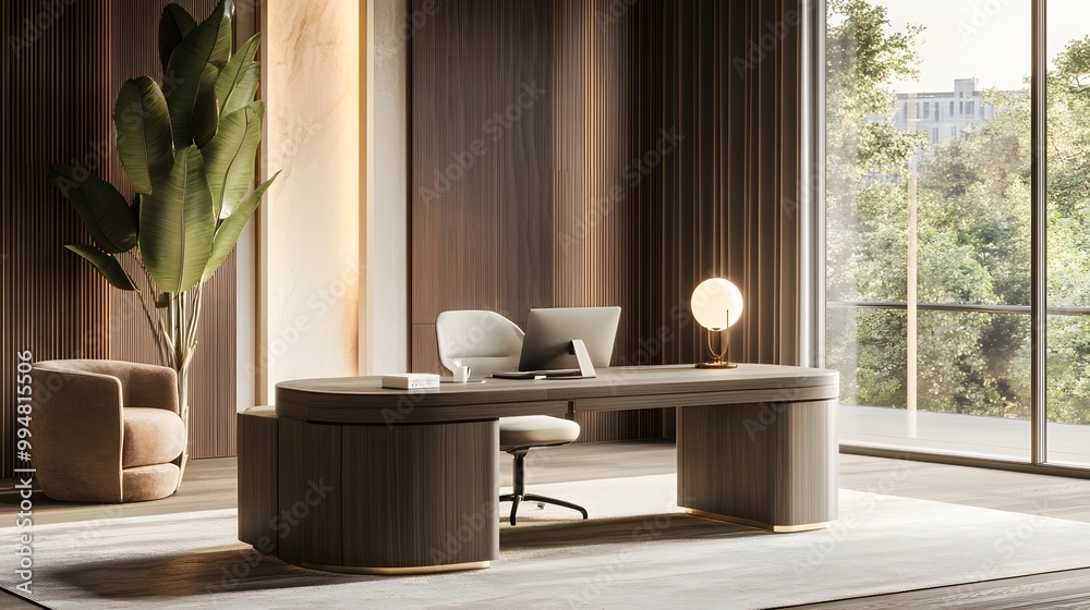 Poster a luxurious workspace with clean lines, plush seating, and a high-end desk, designed for a comfortab