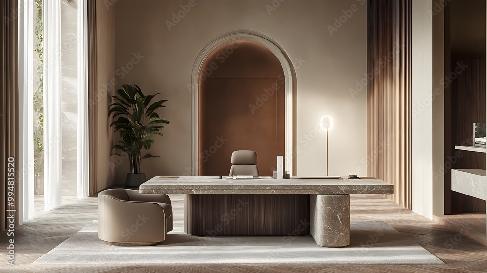 Poster a luxurious workspace with clean lines, plush seating, and a high-end desk, designed for a comfortab