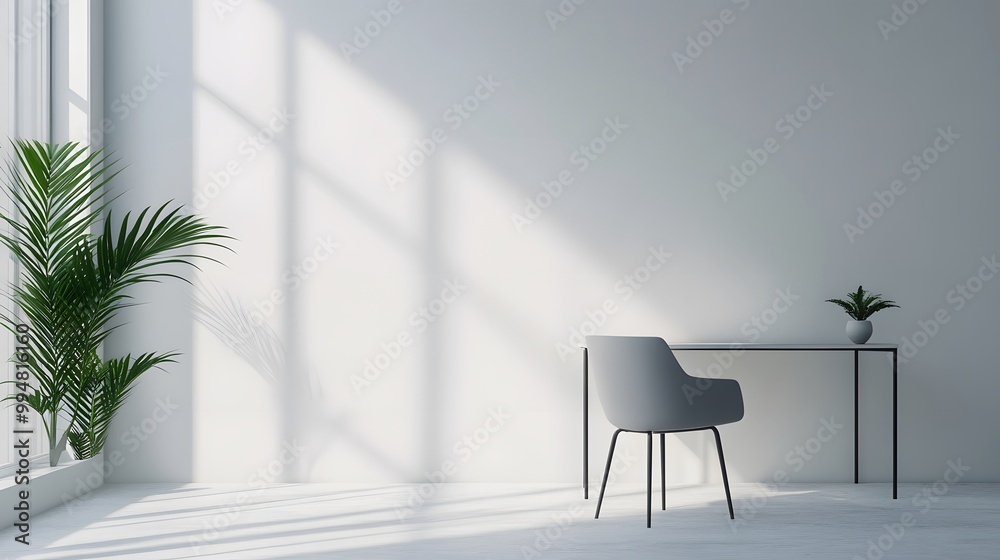 Aufkleber A minimalist office corner with a single chair, bare desk, and a plant, creating a calming and functional indoor workspace, captured in portrait.