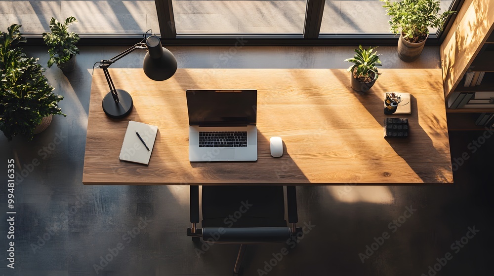 Poster a birds-eye view of a workspace with a wooden desk, a small lamp, and nothing else, emphasizing mini