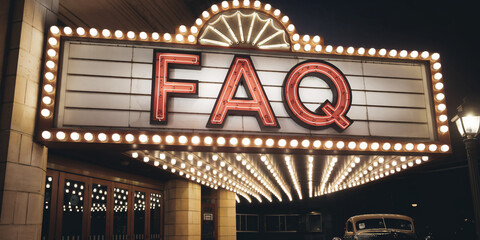 Vintage FAQ Neon Sign on Theater Marquee at Night, Classic Urban Scene