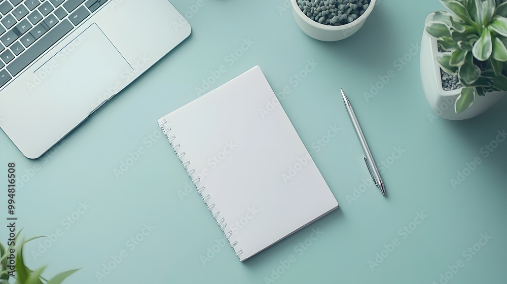 Poster A birds-eye view of a clean workspace with just a notebook and a pen on the desk, no clutter in sight, highlighting its functional simplicity.
