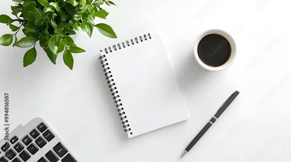 Poster A portrait photo of a desk with only a single notepad and a pen, with a white background, creating a calm and uncluttered workspace.