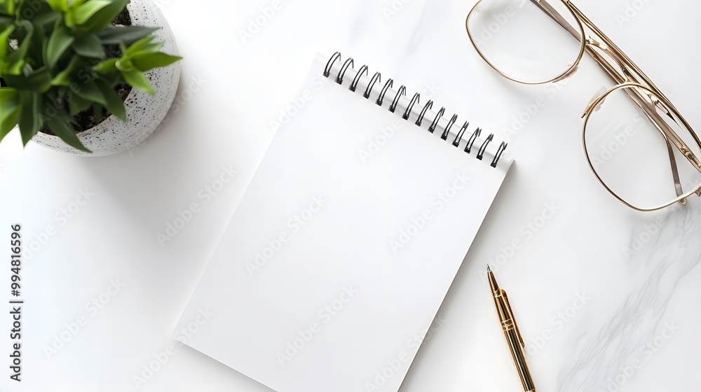 Poster A portrait photo of a desk with only a single notepad and a pen, with a white background, creating a calm and uncluttered workspace.