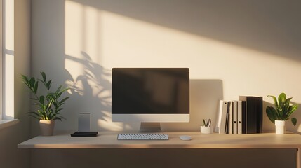 Fototapeta premium A minimalist office featuring a floating desk with nothing but a keyboard and monitor, creating a clean, modern aesthetic, photographed in portrait composition.
