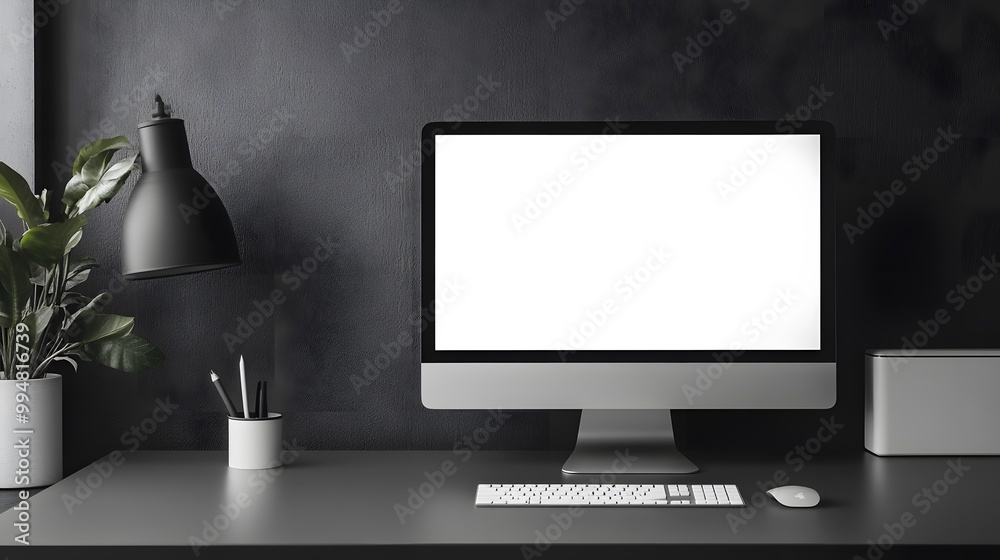 Aufkleber A simple, uncluttered workspace with a single computer monitor on a sleek desk, photographed in portrait format to highlight its clean design.