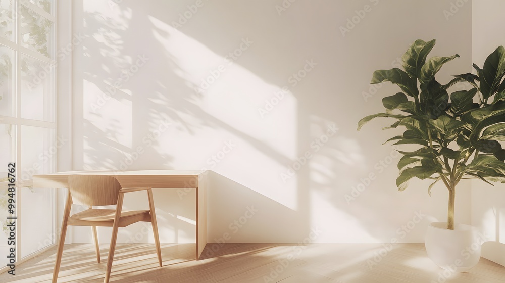 Poster a bright indoor workspace with a single desk and chair, and nothing else in the room, creating an ai