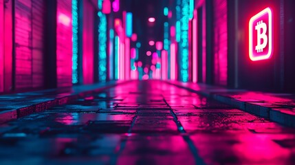 A tilted angle perspective on a desolate cityscape, illuminated by neon cryptocurrency symbols, contrasting dark shadows with vibrant colors, hyper-realistic digital painting