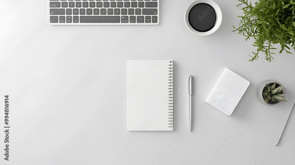 Poster A simple, modern workspace with nothing but a notebook and a pen on the desk, photographed from a birds-eye perspective to emphasize the minimalism.