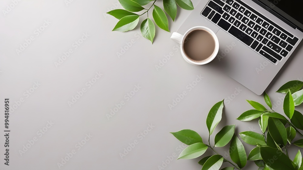Poster An overhead view of a simple workspace featuring a laptop and a coffee cup, set against a plain backdrop to emphasize its calm and functional design.