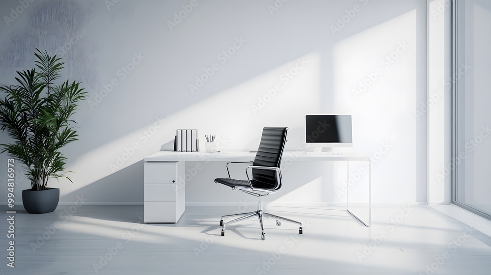 Poster a minimalist office with a white desk and a black chair, creating a stark, clean look in an indoor s