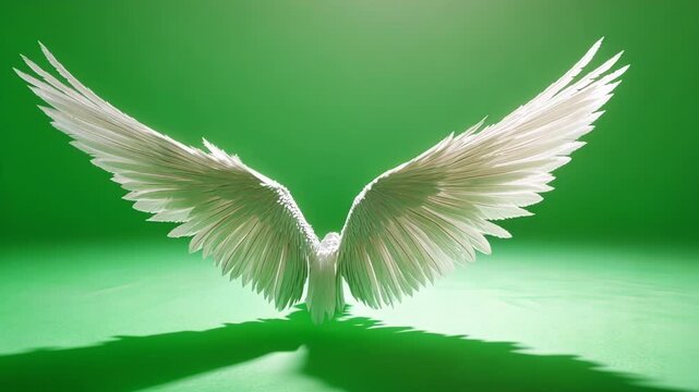 Photorealistic 3d rendering of a pair of white angel wings casting a shadow on a vibrant green screen background, perfect for compositing and visual effects