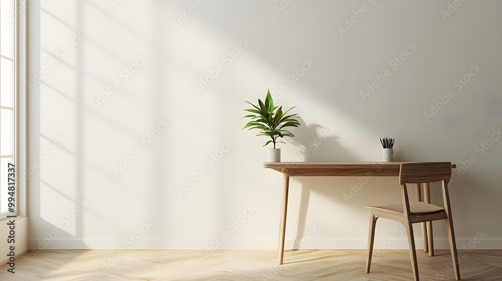 Poster A portrait photo of a calm, minimalist workspace with a sleek desk and a small plant, providing a serene and productive indoor environment.