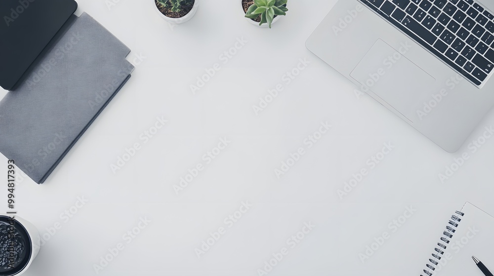 Aufkleber A birds-eye view of a simple desk setup with a notebook, a pen, and a laptop, creating a clean and organized workspace with minimal distractions.
