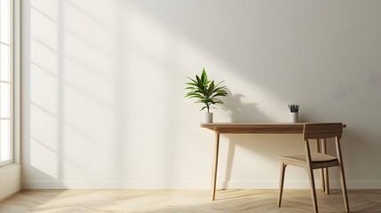 A portrait photo of a calm, minimalist workspace with a sleek desk and a small plant, providing a serene and productive indoor environment.