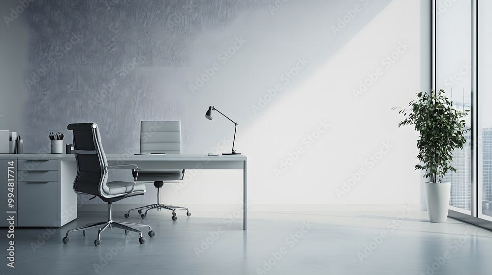 Poster a calm and minimal indoor office setup with just a desk, chair, and lamp, arranged in a clean and sp
