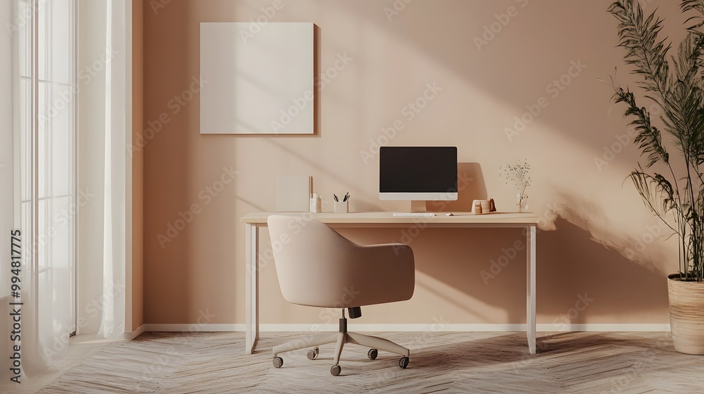 Poster a bare-bones indoor workspace featuring a single desk and chair, with clean lines and minimal decor,