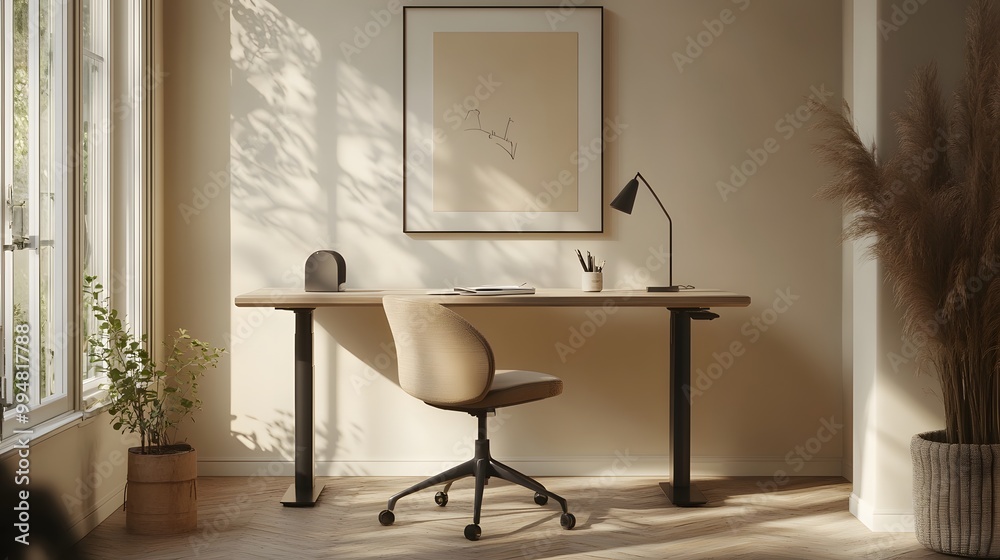 Poster a bare-bones indoor workspace featuring a single desk and chair, with clean lines and minimal decor,