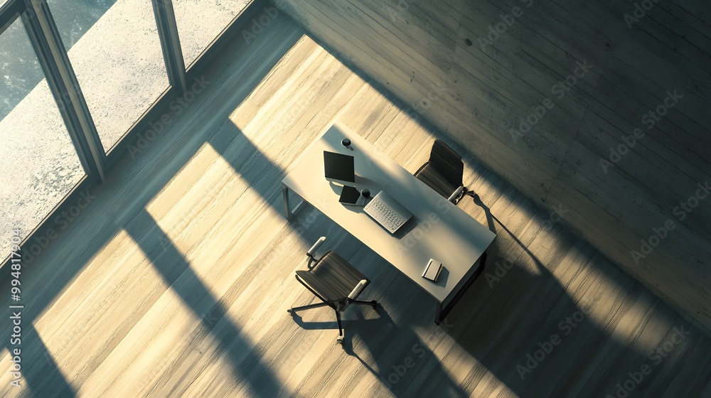 Aufkleber a quiet and minimal workspace indoors, featuring an empty desk and a single chair in front of a larg