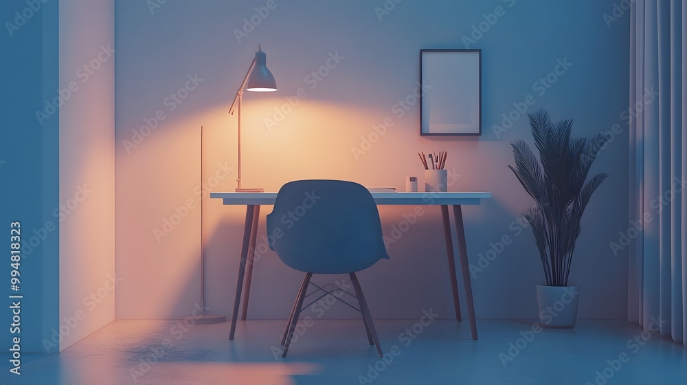 Poster a minimal office setup indoors with a plain white desk, a gray chair, and soft lighting from a floor