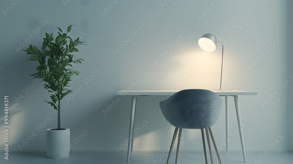 Poster a minimal office setup indoors with a plain white desk, a gray chair, and soft lighting from a floor
