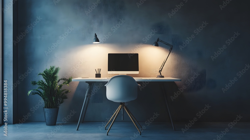 Poster a minimalist workspace indoors with a sleek desk, simple chair, and soft lighting, evoking a calm an