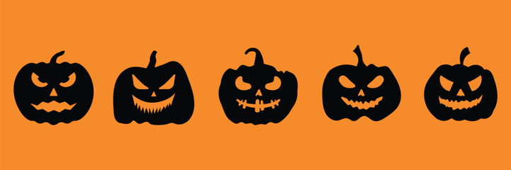 Set of scary pumpkins with faces icon Collection. Halloween silhouettes black pumpkin character symbol. Vector illustration.