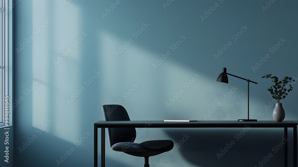 Poster a minimalist office design with a sleek desk and minimal clutter, featuring a single chair and lamp 
