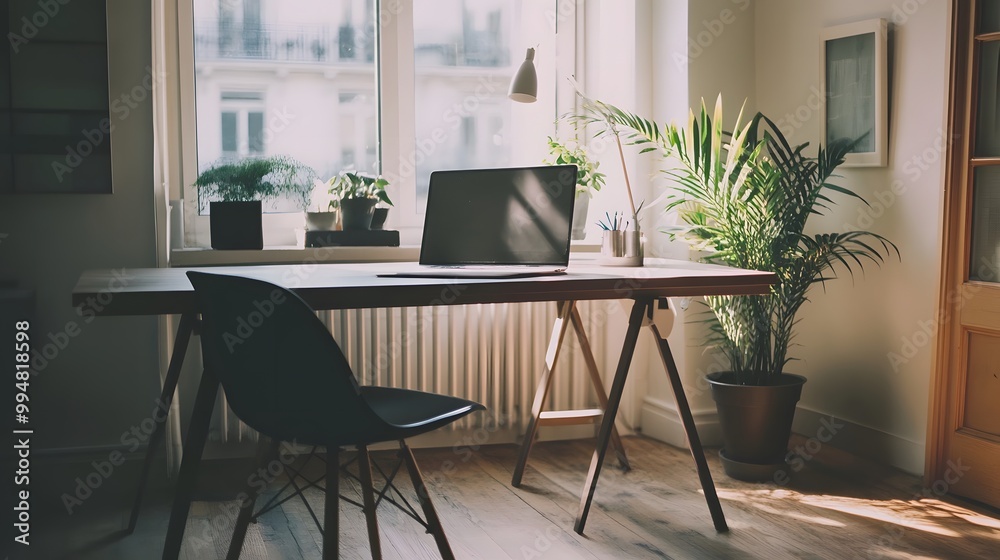 Aufkleber a minimalistic workspace indoors with a plain desk, simple chair, and soft natural lighting streamin