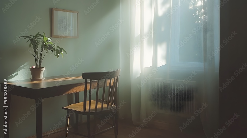 Aufkleber a minimalistic workspace indoors with a plain desk, simple chair, and soft natural lighting streamin