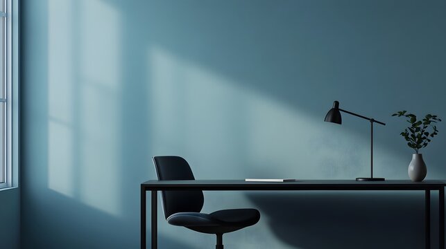A minimalist office design with a sleek desk and minimal clutter, featuring a single chair and lamp in a calm indoor space, captured in portrait.