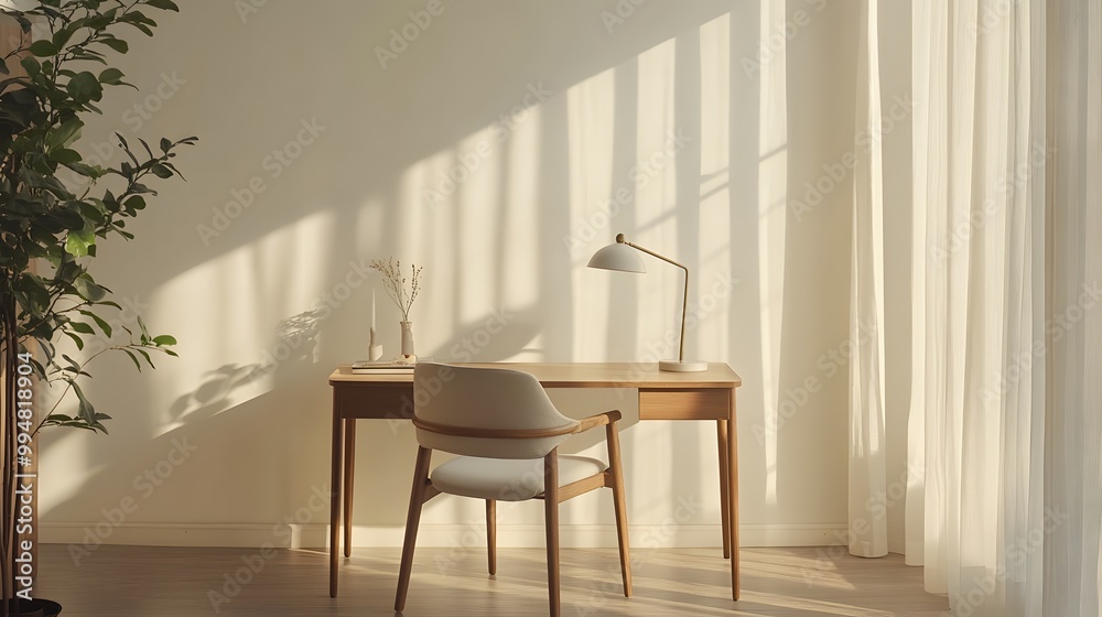 Poster a minimalistic desk setup with a sleek chair and lamp, surrounded by soft natural light, in a clean 