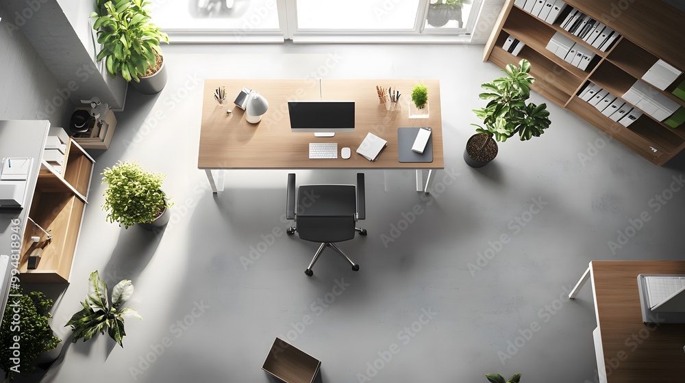 Poster a random collection of simple furniture in an indoor office, with clean lines and minimal decor, cre