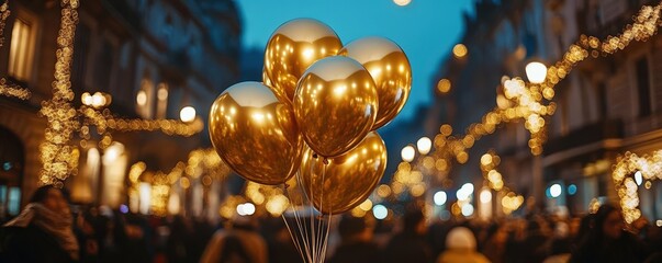 Fototapeta premium Golden 2025 balloons floating among a crowd, New Year's Eve, new year symbol
