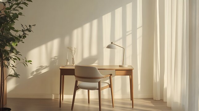 A minimalistic desk setup with a sleek chair and lamp, surrounded by soft natural light, in a clean indoor space, captured in portrait composition.