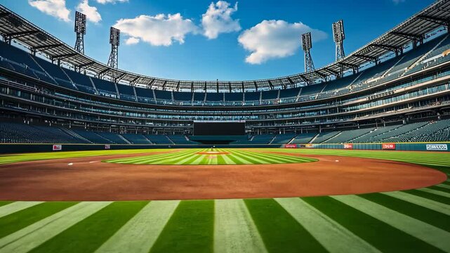 A wide shot of a baseball field with green grass and a dirt infield, surrounded by the stadium seating, with a clear blue sky and fluffy clouds above