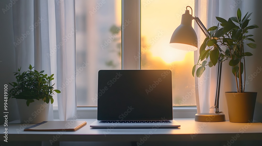 Poster A minimalist desk setup indoors with a laptop, notebook, and one lamp, surrounded by soft natural light, creating a calm work environment, captured in portrait.