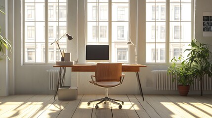 A clean, minimalist workspace with a single wooden desk, a comfortable chair, and natural light streaming through large windows, captured in portrait.